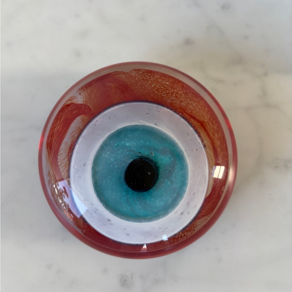 Artistic Evil Eye Glass Paperweight with Red and Blue Accents